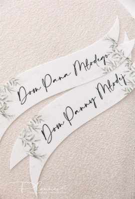 Wstęgi drukowane Dom Panny Młodej i Dom Pana Młodego eleganckie liście