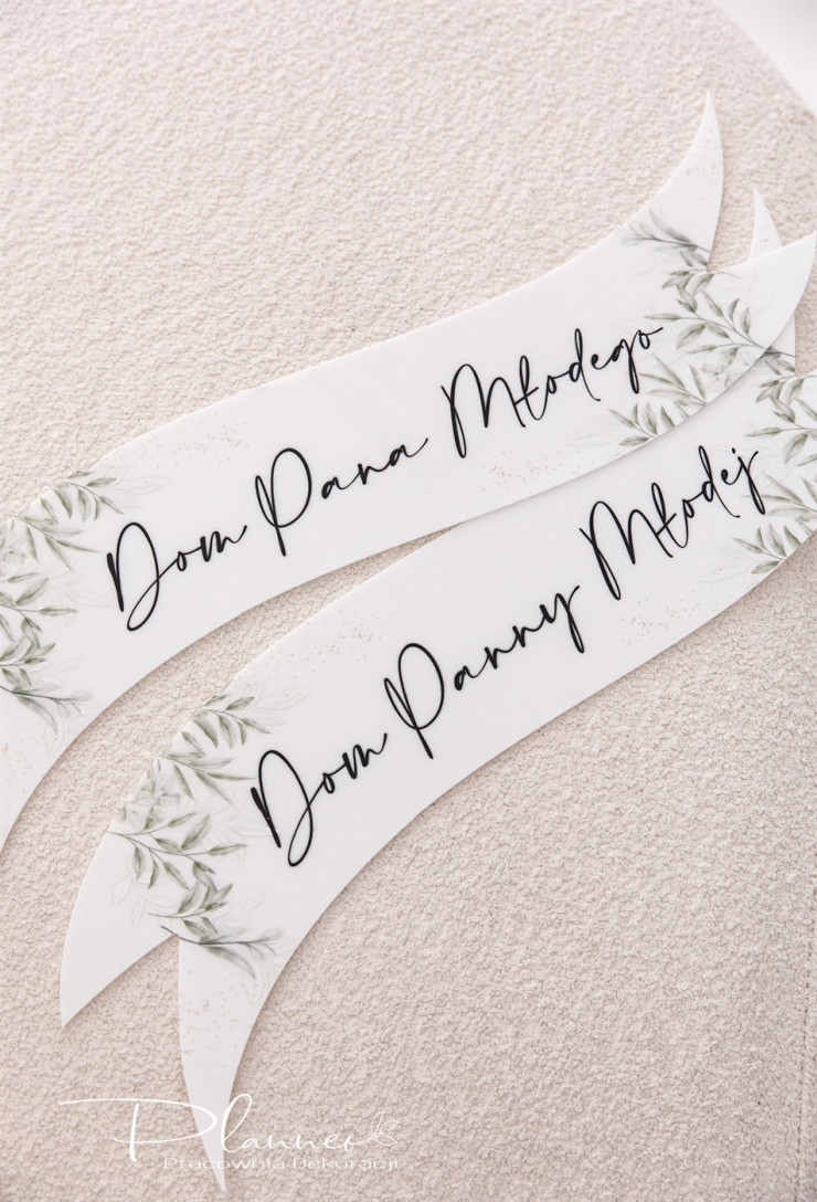 Wstęgi drukowane Dom Panny Młodej i Dom Pana Młodego eleganckie liście