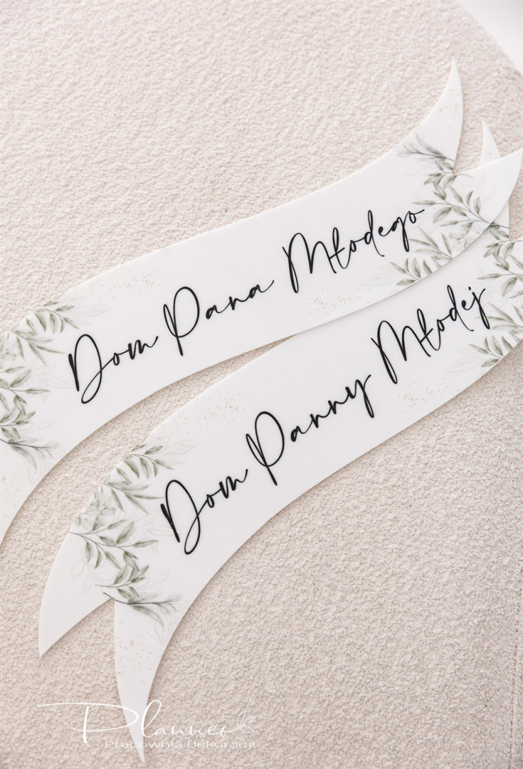 Wstęgi drukowane Dom Panny Młodej i Dom Pana Młodego eleganckie liście