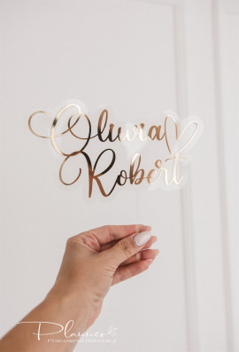 Topper Imiona Zawijasy z sercem na plexi transparentnej