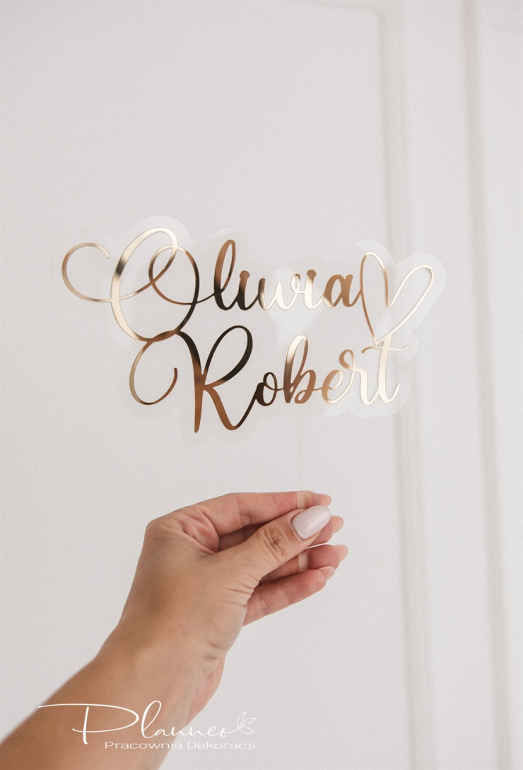 Topper Imiona Zawijasy z sercem na plexi transparentnej