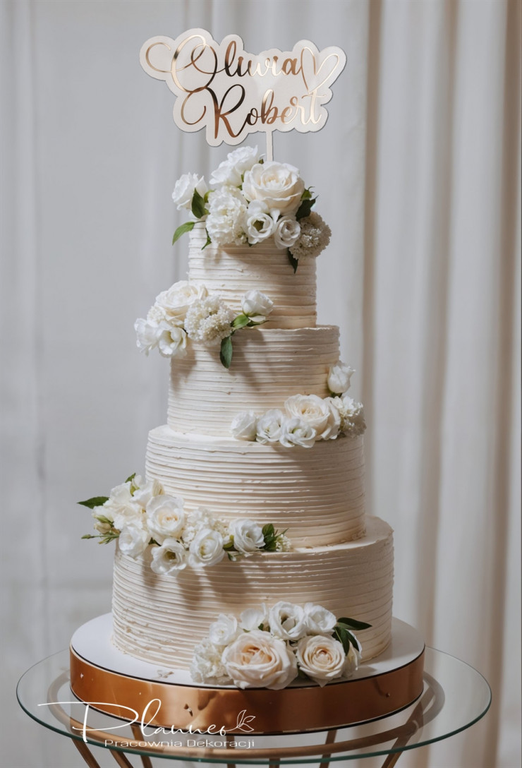 Topper Imiona Zawijasy z sercem na plexi transparentnej tort