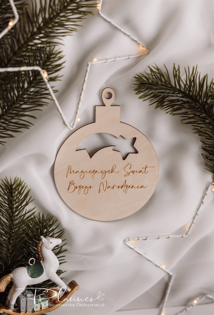 Bombki drewniane z grawerem Twoim Logo gwiazda