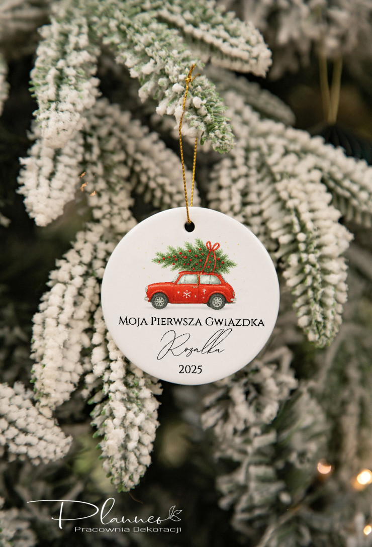 Bombka ceramiczna Moja Pierwsza Gwiazdka z czerwonym samochodem