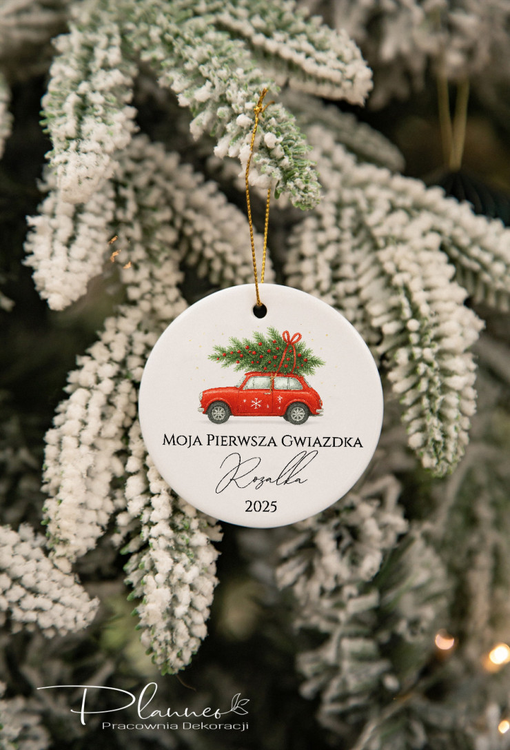 Bombka ceramiczna Moja Pierwsza Gwiazdka z czerwonym samochodem