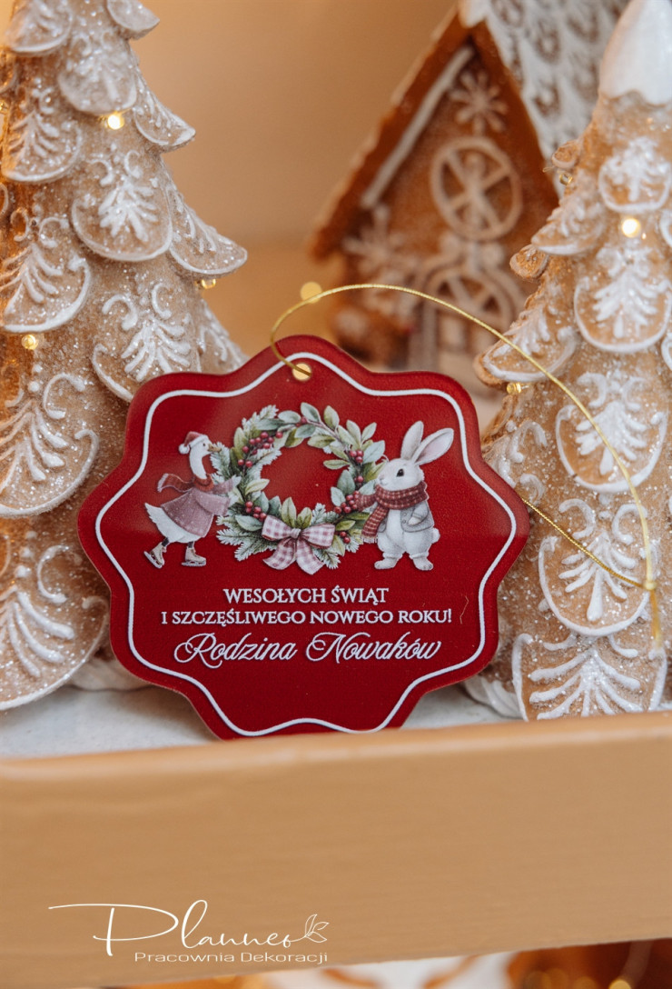 Bombka akrylowa Gąska i Królik z wieńcem czerwona