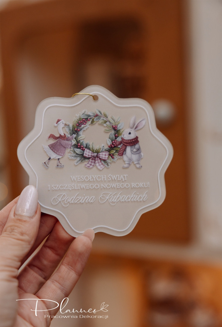 Bombka akrylowa Gąska i Królik z wieńcem beżowa